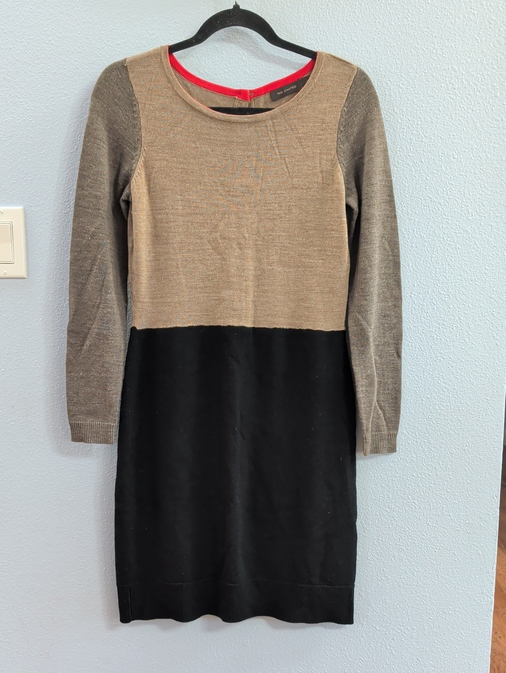 The Limited Taupe and Black Long Sleeve Wool Blend Colorblock Dress